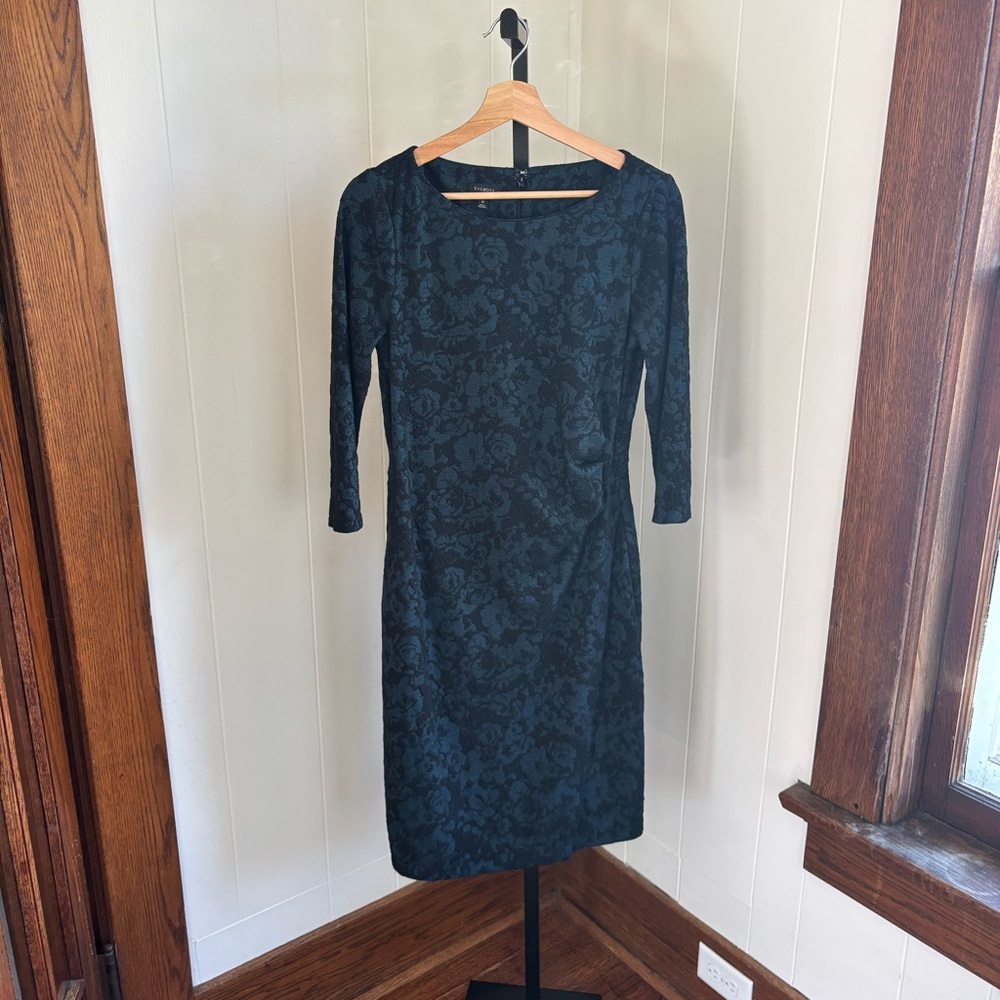 Talbots Women’s M Blue Boat Neck Damask Print Ruched Side Long Sleeve Midi Dress